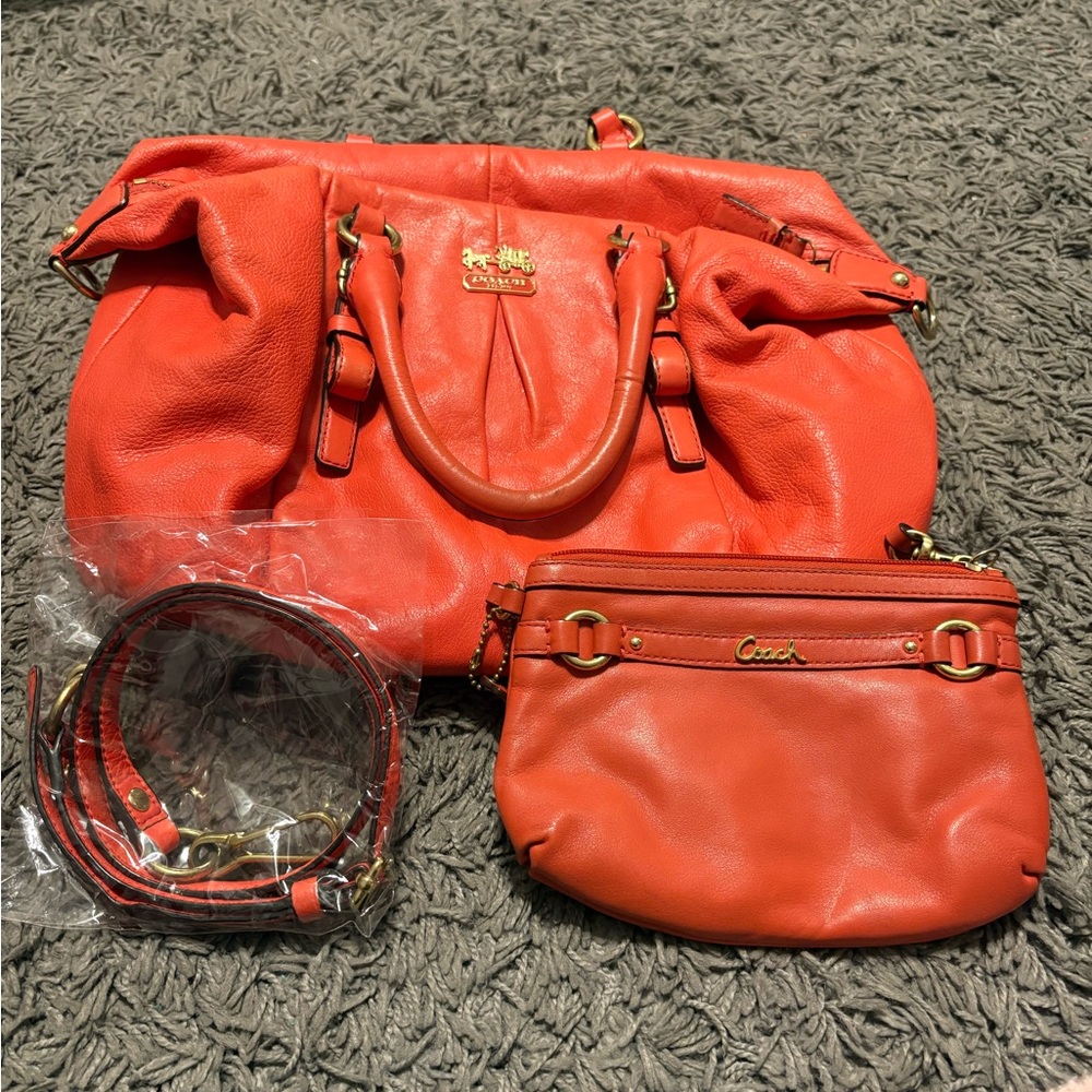 Coach Women's Vibrant Orange Leather Shoulder Bag Set